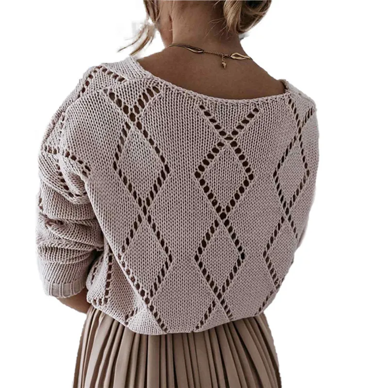 

Women Long-sleeved Knitwear V-Neck Diamond Hollow Loose Blouse Casual Solid Cotton Top Hollow Out Sweater Ladies Loose Sweaters