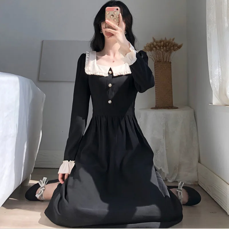 Осень с длинным рукавом темно-Черное женское кружевное Повседневное платье