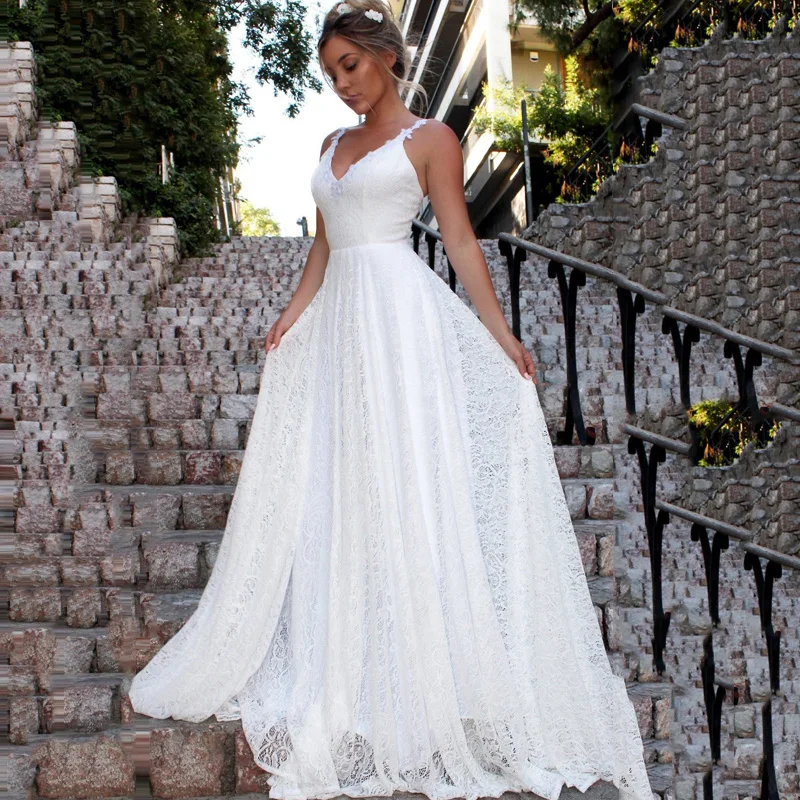 Кружевное пляжное свадебное платье на бретелях спагетти с V образным вырезом и