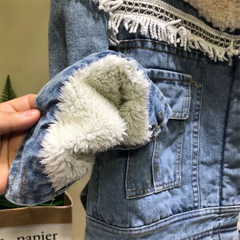 Женская осенне зимняя джинсовая куртка с флисовой подкладкой Осеннее свободное