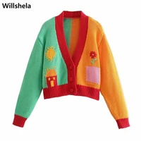 2021 women fashion cartoon knitted cardigan long sleeve v neck vintage color contrast sweet kawaii woman knit sweater chic tops