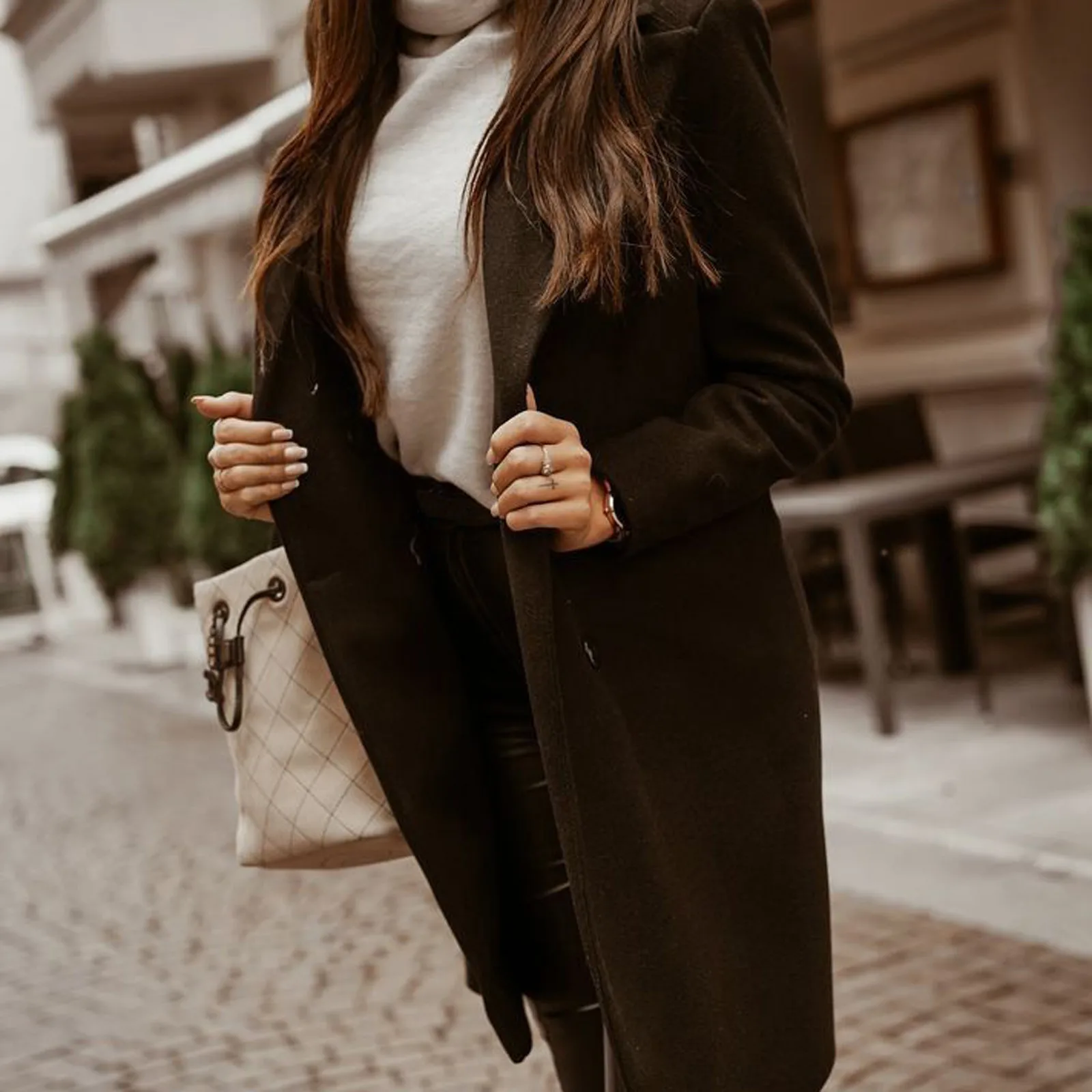 

Ladies Jacket Fashion Solid Color Lapel Mid-length Button Woolen Coat Jacket Women Thicken Warm Coat Female Giacca Da Donna