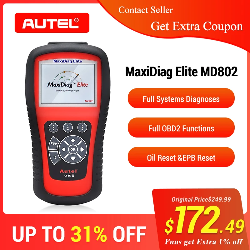 AUTEL MaxiDiag Elite MD802 OBD2 сканер Все системы Детектор автомобиля OBDII считыватель кода EPB