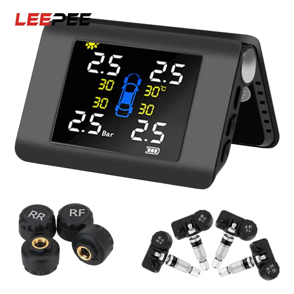 

LEEPEE 4 External or Built-in Sensors LED Display Solar Power TPMS Car Tire Pressure Monitoring System
