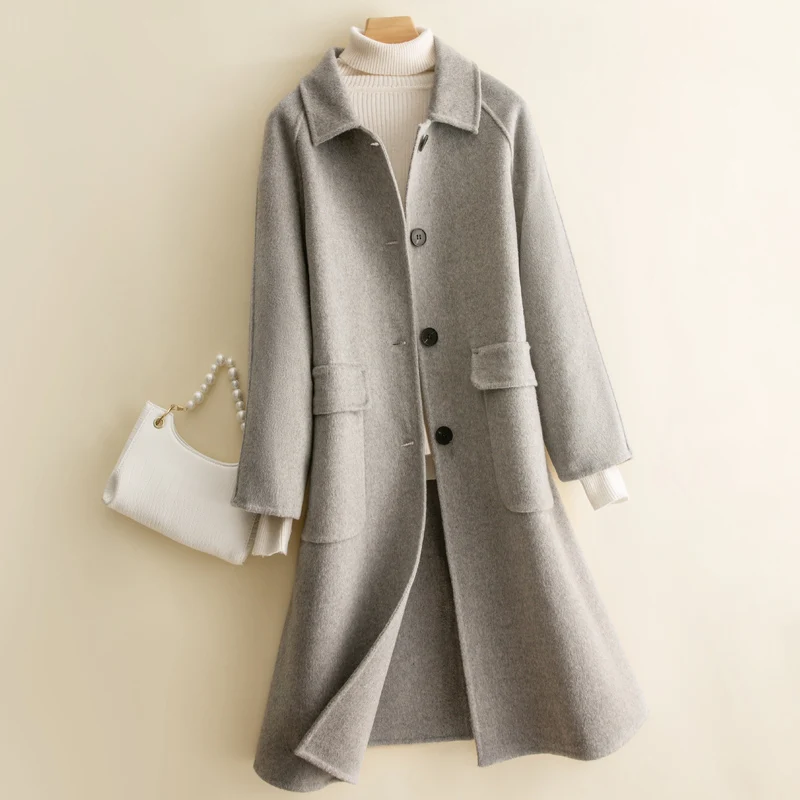 

New double-sided 100% wool coat in spring 2021. Long loose profile cashmere coat woolen coat for women.