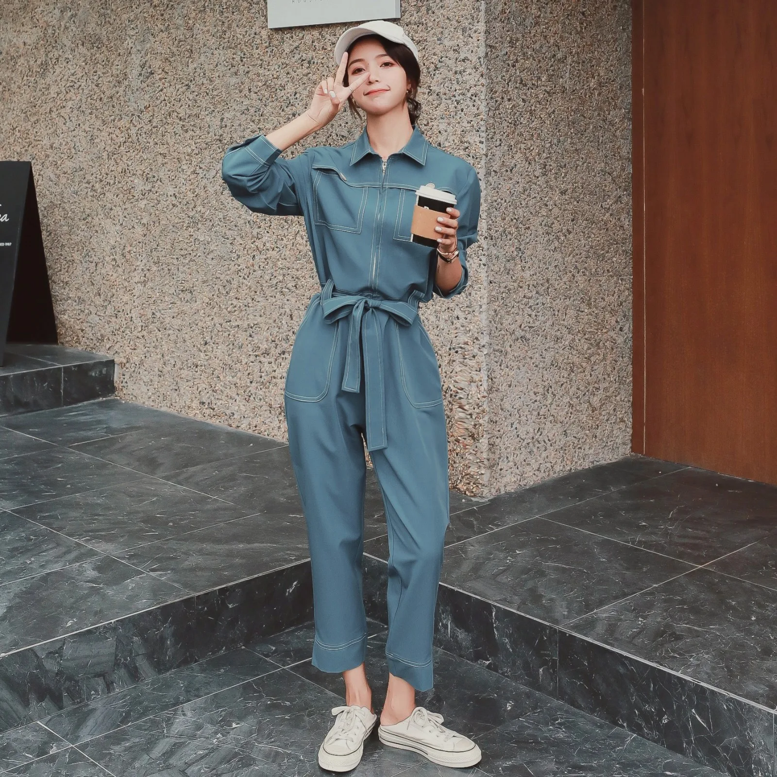 

Women Long Sleeve Zipper Bandage Jumpsuit Overalls 2021 Female Slim Casual Solid Color Straight One Piece Pants Sets Jump Suits