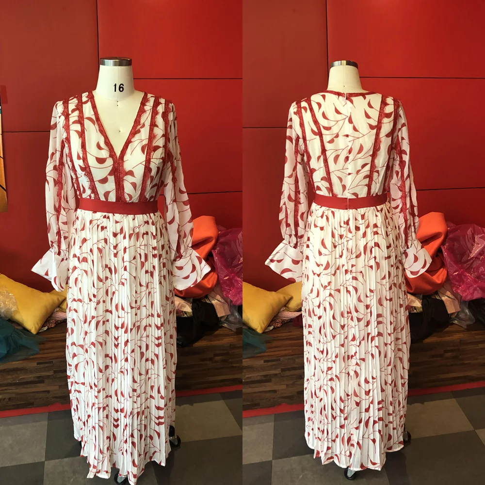 Женское длинное платье с плиссированным принтом элегантное Бохо С v образным