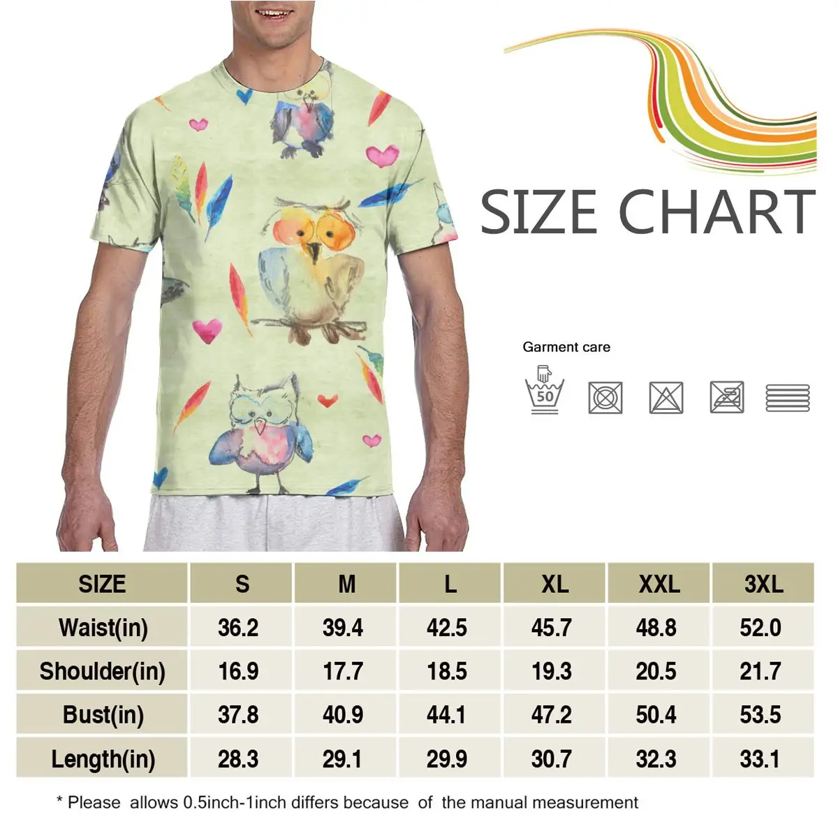 

2020 Mens T shirts Fashion New Summer Men's Short Sleeve T-shirt Casual Cute Owls Watercolor Tshirt For Man Full Printed