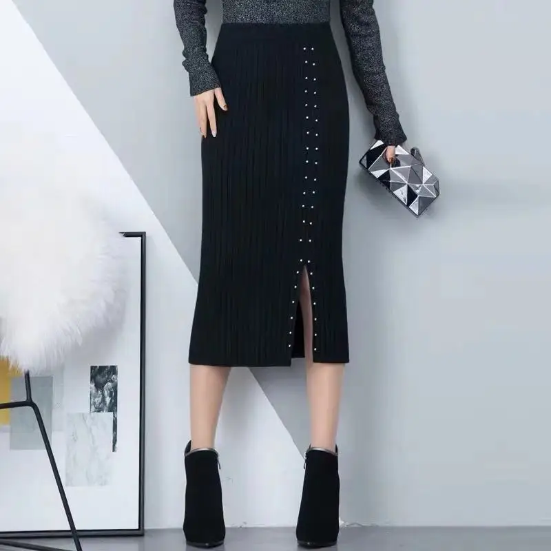 Женская Осенняя трикотажная юбка с высокой талией теплая элегантная вязаная в