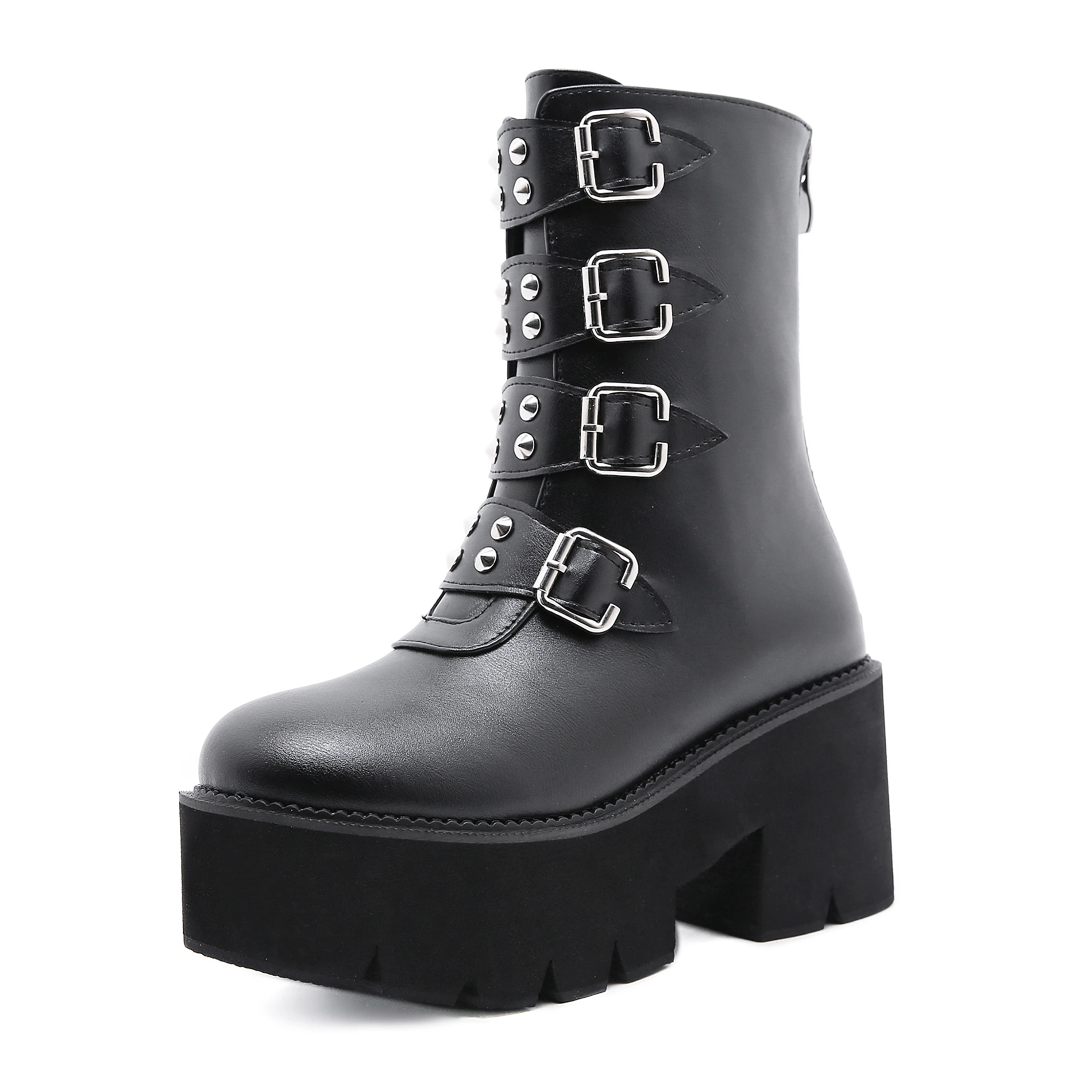 

New Arrival Womens Mid Calf Boots Rivets Detail Chunky Platform Boot Black Size 40 41 42 qq062