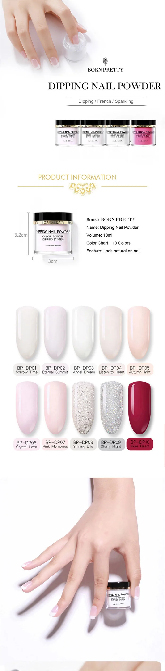 BORN PREETY Nail Dipping Gradient Color French Nail Glitter White Powder without Lamp Cure Nail Art Decorations Fan Brush