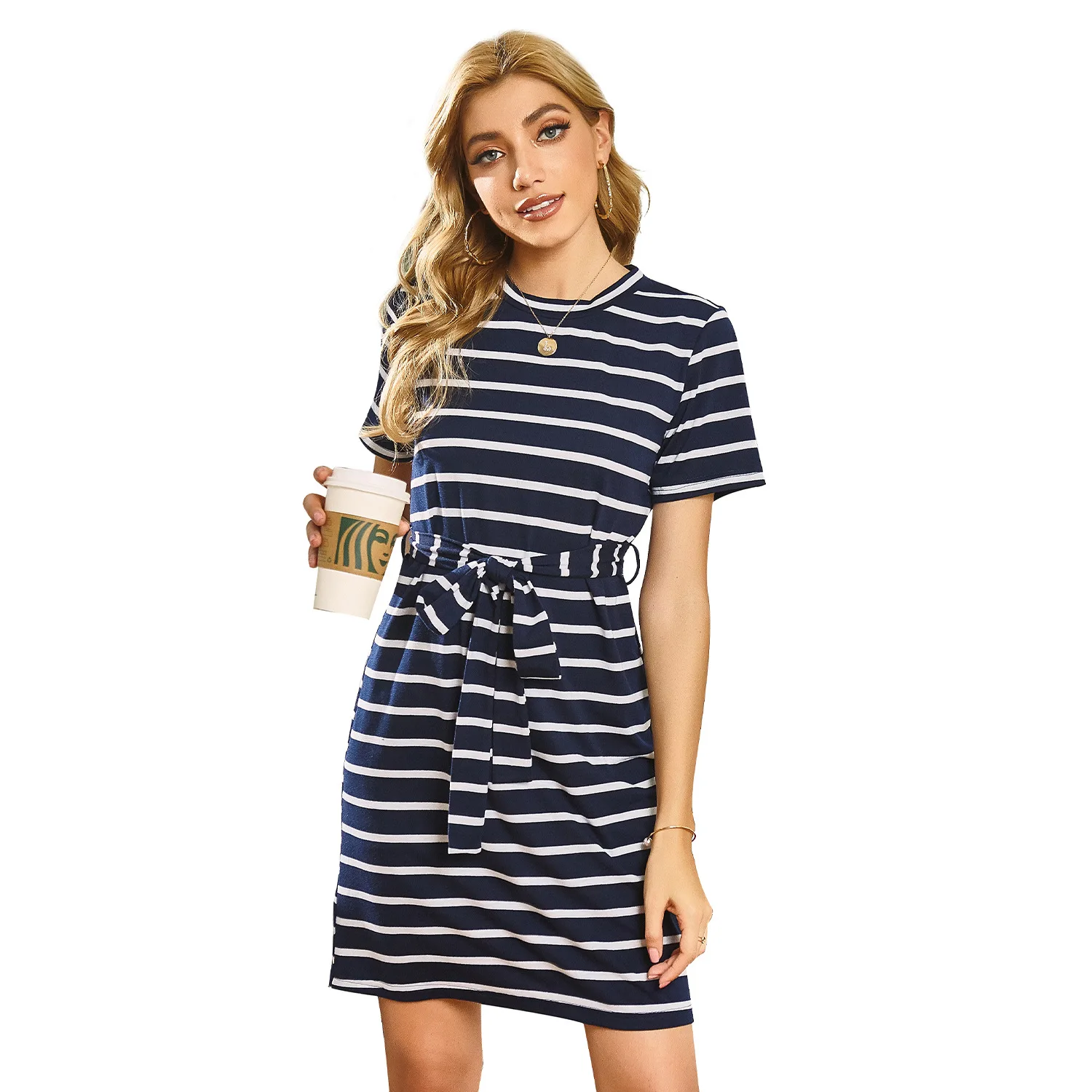 

Summer 2021 Striped Short Sleeve Dress Vintage Empire Mini Ladies Frocks for Women Casual O-neck Folds Bandage Dresses Vestidos