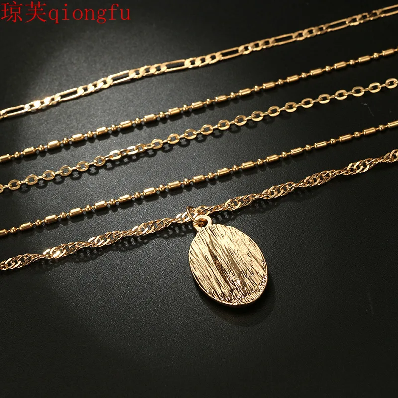 

2021 fashion sexy simple European and American new multi-layer oval pendant wild clavicle chain five-layer women's necklace