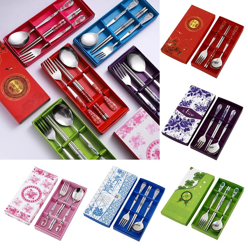 

3pcs Chopstick Spoon Fork Set Package Spoon Fork And Chopsticks Gift Set Stainless Steel 20*10*2cm Kitchen Tableware Dinnerware