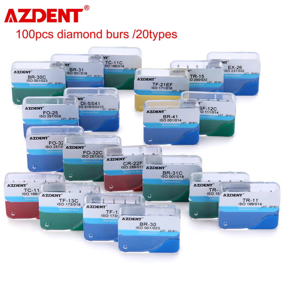 100pcs/20Boxes AZDENT Dental Diamond Burs for High Speed Handpiece Medium Dentist Tools Teeth Whitening Matreial Lab Tools