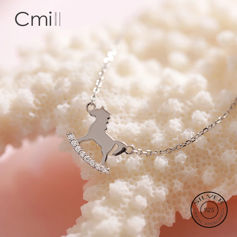 Real 925 Sterling Silver Zircon Horse Choker Pendant Necklace For Fashion Women Party Fine Jewelry Cute Accessories Gift | Украшения и