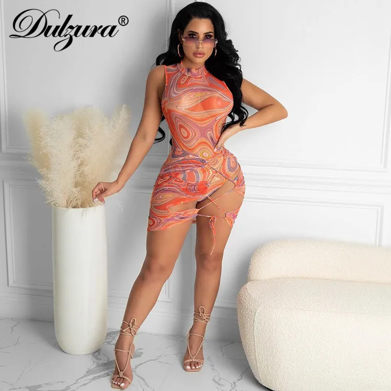 

Dulzura Tie Dye Print Mesh Women Sleeveless Mini Dress Patchwork Lace Up Bandage Sexy Stretwear Party Club 2021 Summer Clothes