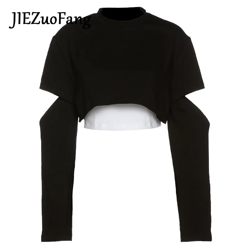 

JIEZuoFang Black Fashion Women Soft Short T-shirt Stitch Long Sleeve Vintage Hollow Tunic Sexy Gauze Exposed Navel T-shirt