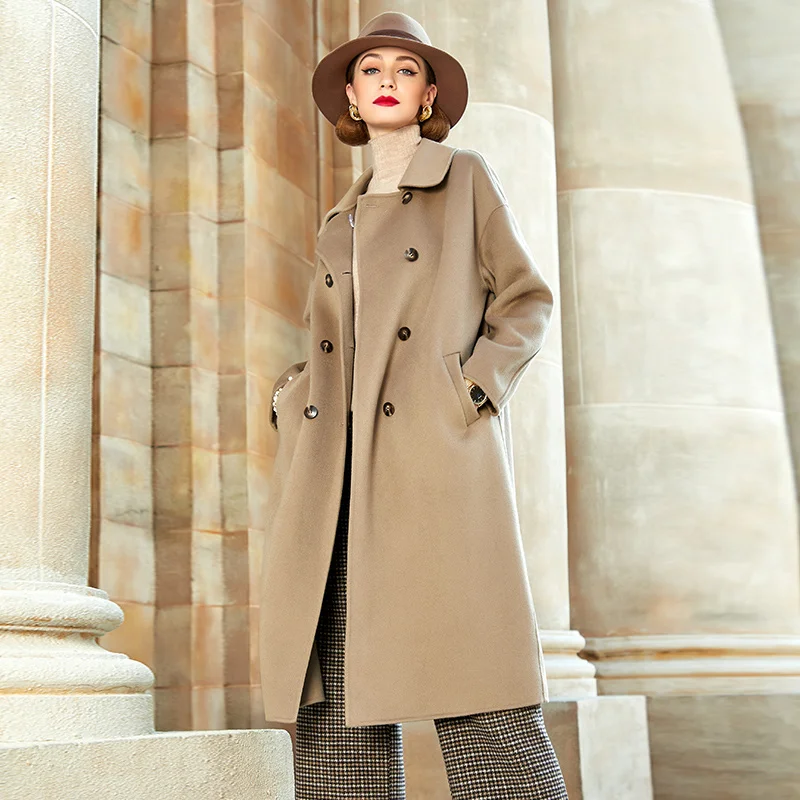 

SHZQ верблюжьего цвета двустороннее кашемировое Женское пальто средней и длины стиль 2021 осень и зима новое популярное шерстяное пальто