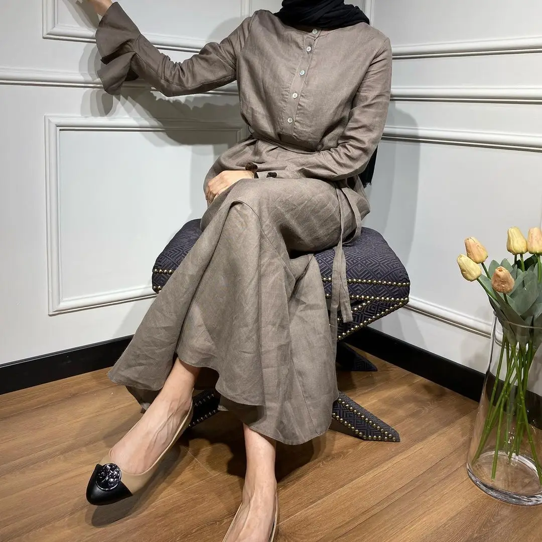 

Muslim Fashion Hijab Dress Linene Flare Sleeve Shirt Dresses Abayas for Women Dubai Abaya Turkey Kaftan Arabic Islam Clothing