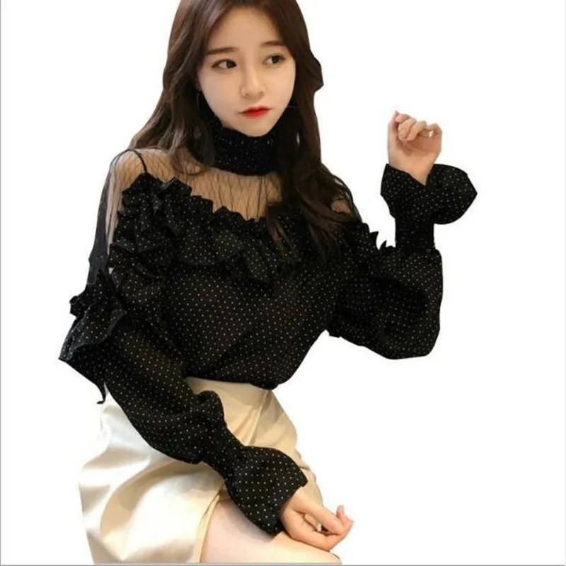 Ретро рубашка с оборками и длинными рукавами модные шифоновые Женские топы