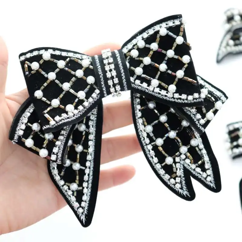 

Black Bow Pearl Woman Clothes Diy Patch Puerto Rico Applique Sew on Patches Applique Clothes HairBand