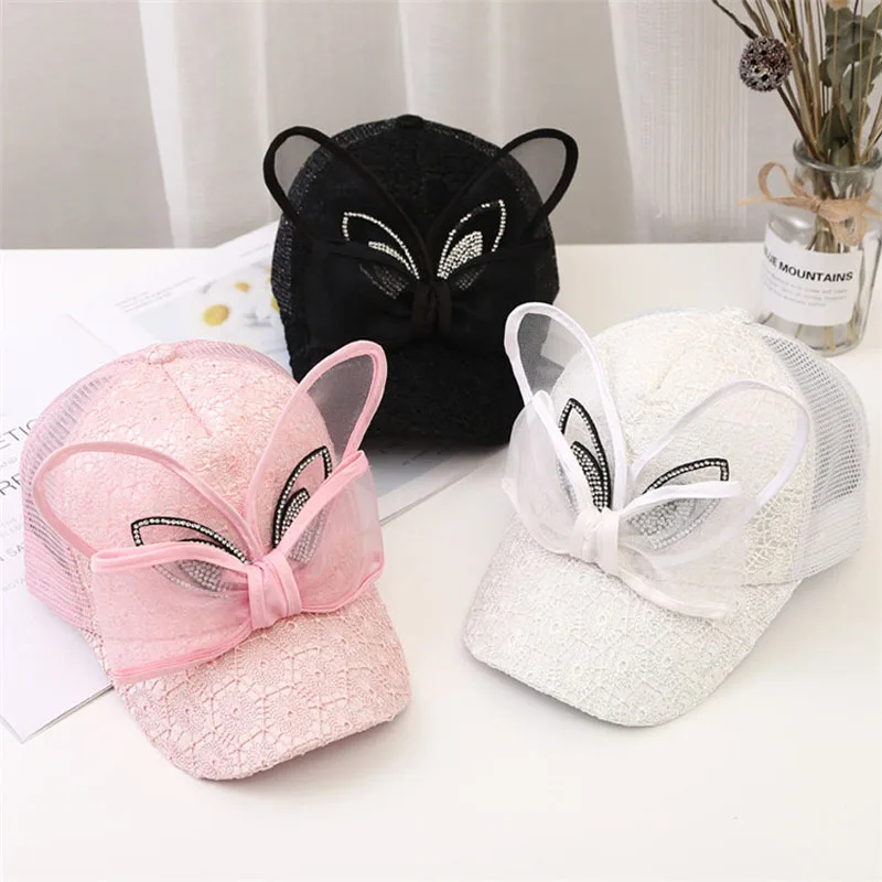 Бейсболка для девочек DT051 с большим бантом жемчугом сеткой кроличьими ушками |