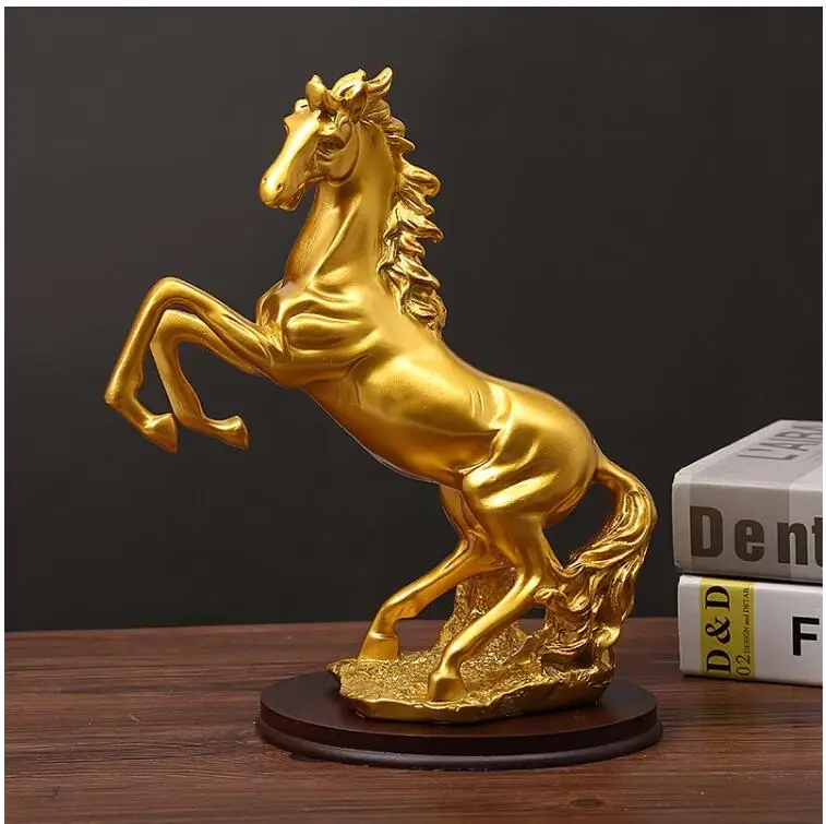 CHINESE FENGSHUI RESIN GOLD HORSE ORNAMENTS ACCESSORIES HOME LIVINGROOM TABLE FIGURINES DECORATION STUDY ROOM SCULPTURE CRAFTS