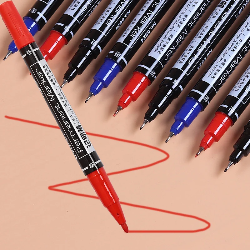 3Pc Permanent Markers Black Blue Red Double Headed Marker Pen for Paper Steel CD Glass Fabric Paint Marking Office School Supply