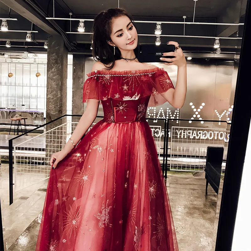 Vestidos De Fiesta R291 Бордовое платье с открытыми плечами и вырезом лодочкой элегантное