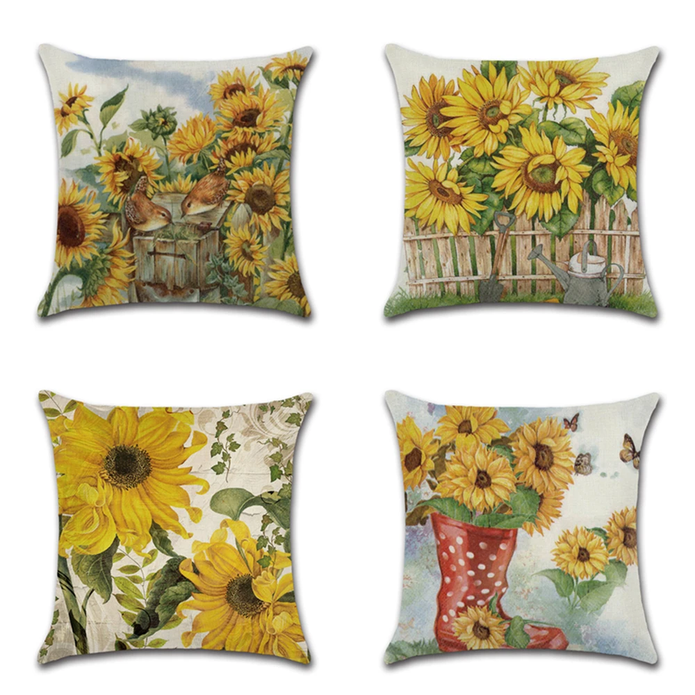 

Hand-Painted Sunflower Theme Red Rain Boots Linen Cushion Cover 45X45cm Farm Pillow Case Home Decorative Pillows Cover For Sofa