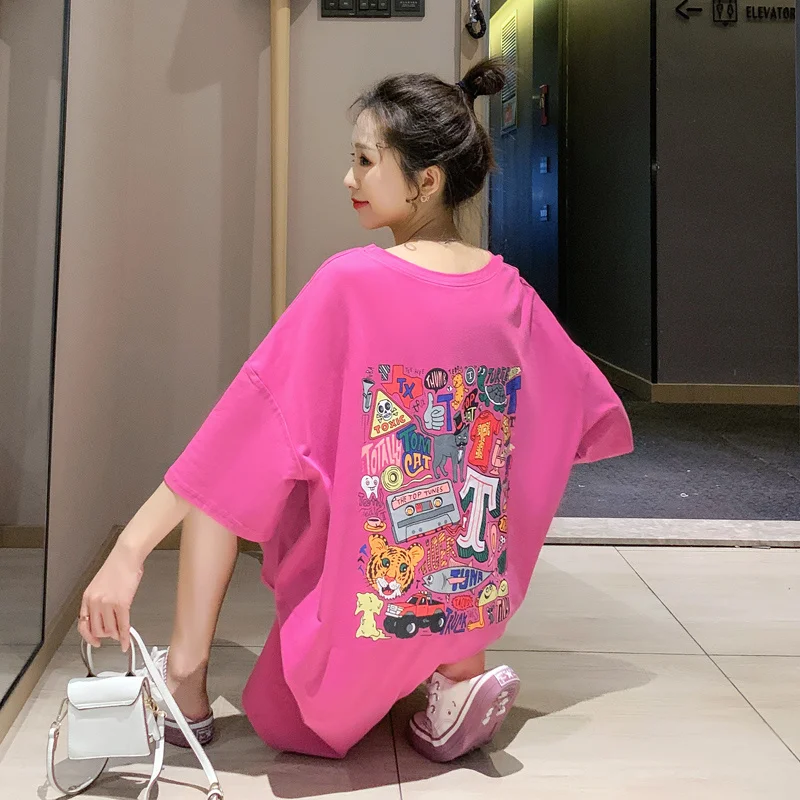 #2311 Summer Printed Mini Dresses Loose Cotton Tshirts Ladies Cartoon Printing Short Sleeve O-neck Dress Female Korean | Женская одежда