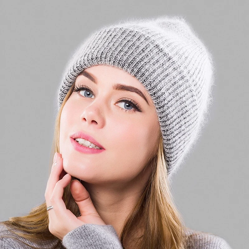 

Fashion Winter Women's Angola Wool Knitted Hat Warm Wool Beanie Outdoor Sports Peaked Cap Woolen Cap