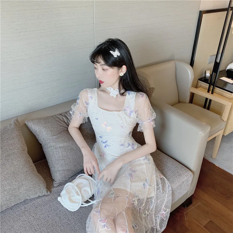 Элегантное платье с бабочками в Корейском стиле на лето милое квадратным вырезом