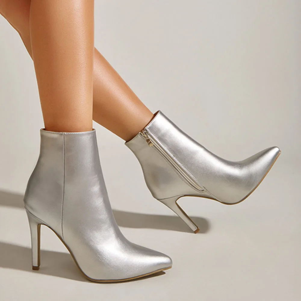 

Super High-heel Zipper Silver Pointed Stiletto Short Boots Fashion Trendy Boots Model Catwalk