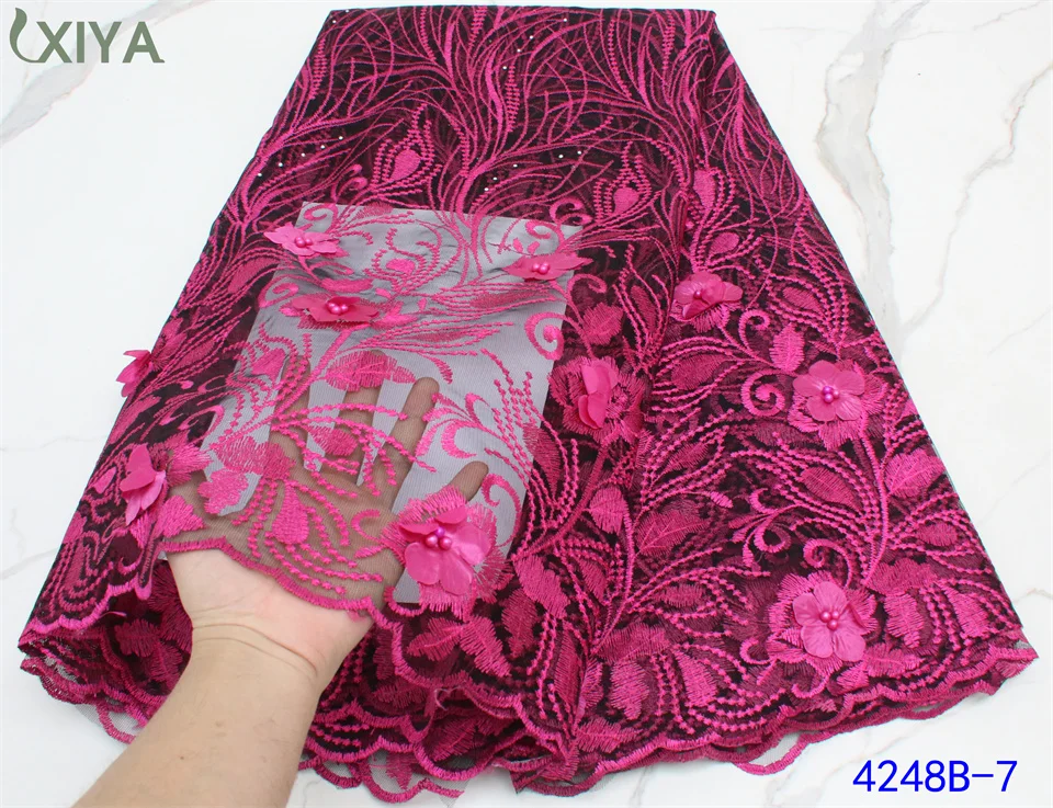

Cheap Nigerian Net Lace Fabric High Quality 3D Flowers Lace with Beads African French Tulle Lace Fabric for Party APW4248B