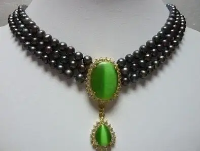 

Charm 3 row 6-7mm Black Freshwater pearl &18GKP opal Cat' s eye Green pendant Bridal wedding Jewelry necklace