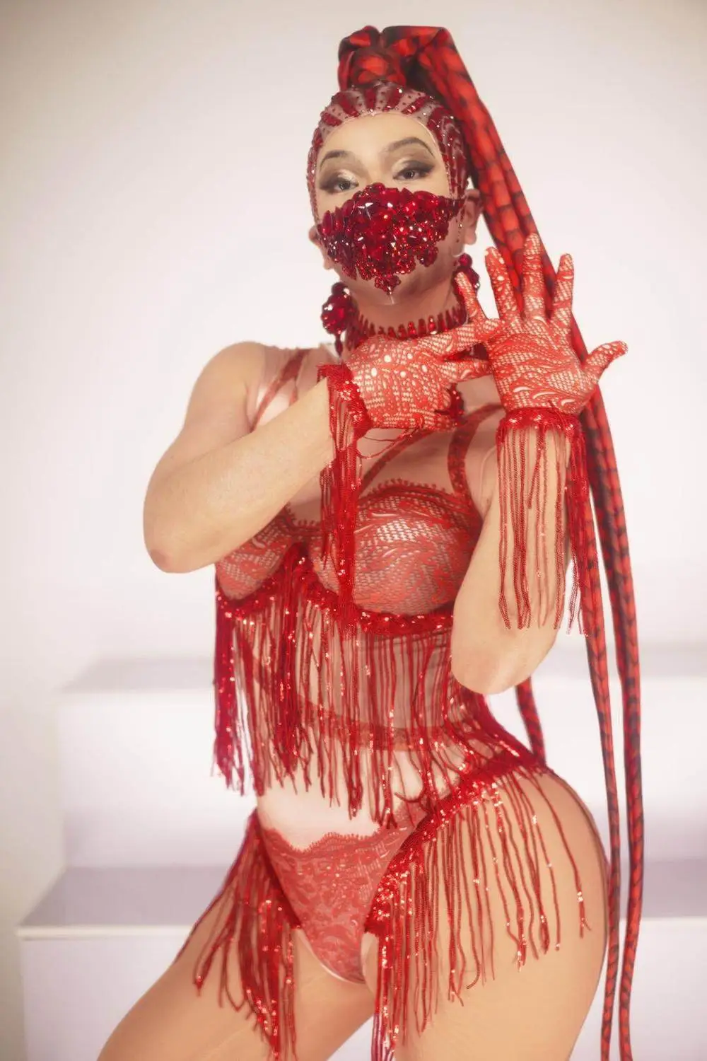 Women Tassel Bodysuit Red Stretch Sleeveless Skinny Leotard Stage Wear Sexy DJ Nightclub Bar Pole Dance Costume Fringes Jumpsuit