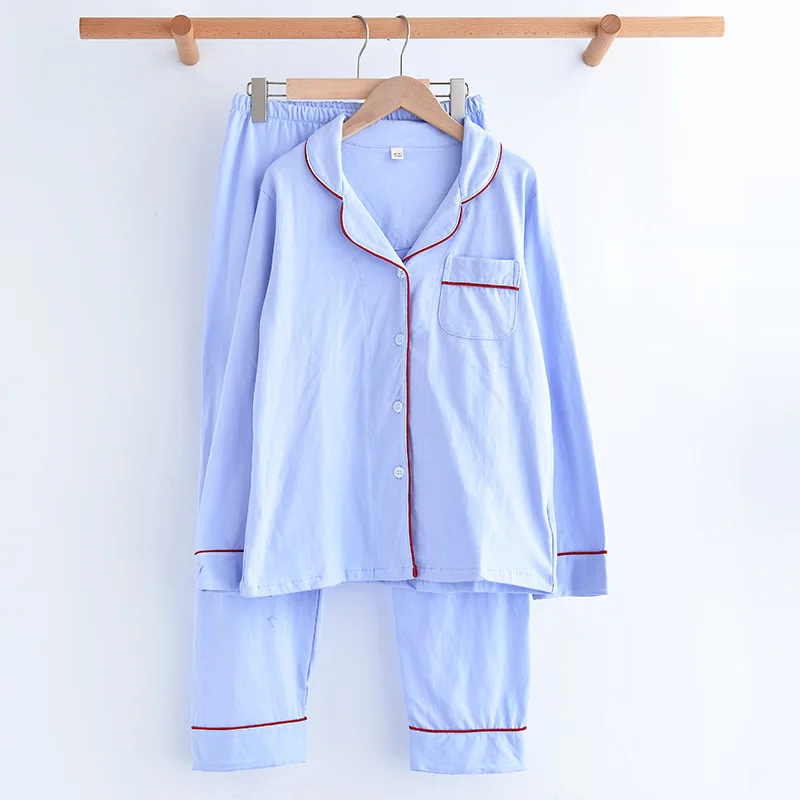 

2021 Japanese couple 100% cotton knitted pajamas set two-piece Solid Turn-down Collar long-sleeved trousers home service suit