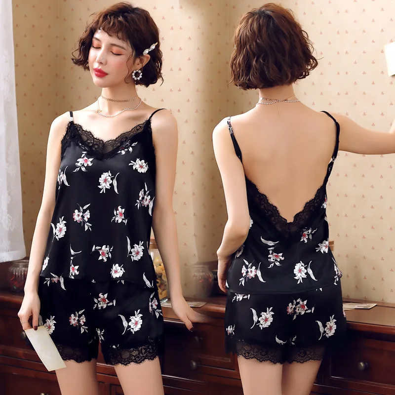 

Women Pajama Sets Pijama Silk Satin Sleepwear Lady Sleeveless Summer Nightwear Femme 2 Pieces Homewear