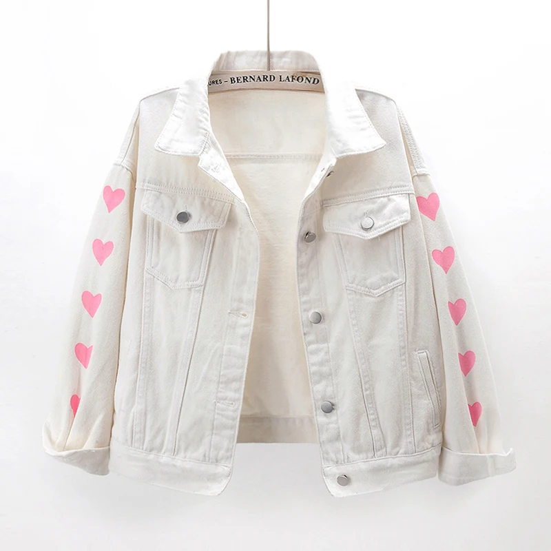 

2021 Spring Autumn Korean Fashion Pink White Denim Jacket Coat Women Print Outerwear Loose Long sleeve Short Jeans Jacket Female