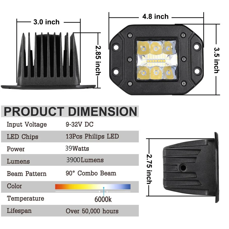 

ADZOON 5INCH 39W LED Work Light Spot Flood Combo 12V 24V Flush Mount LED Pods for Ford Toyota SUV 4WD Boat Truck