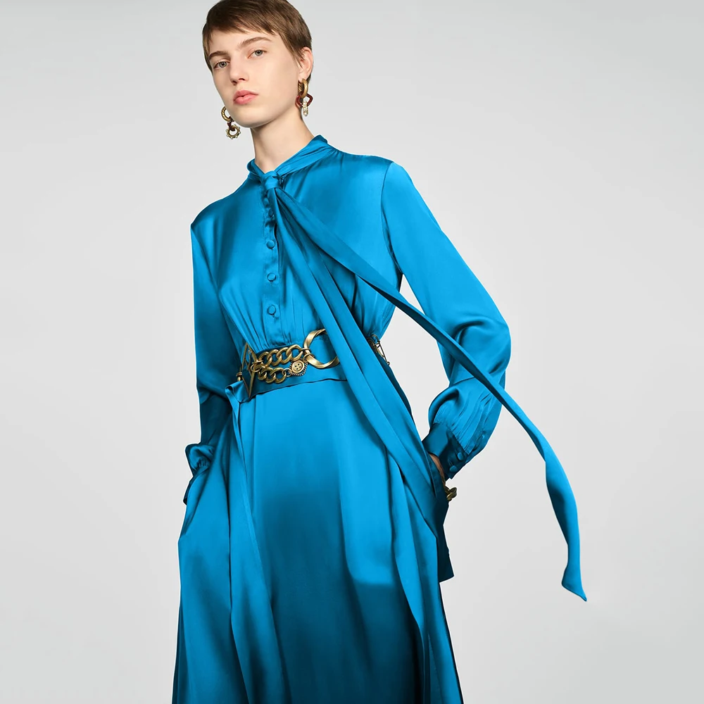 Женское платье с бантом ZA голубое плиссированное длинным рукавом и воротником