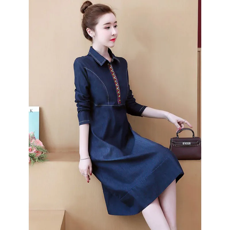 Женское джинсовое платье с длинным рукавом и воротником-рубашкой | Женская