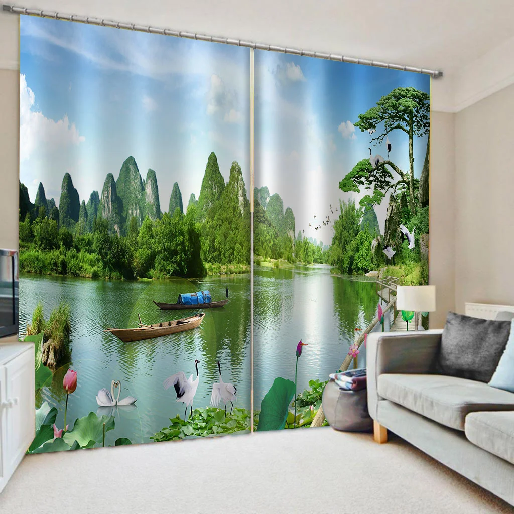 

High Quality Blackout Curtain Window Living Room Bedroom Curtains Beautiful Lake Scenery Cortinas Drapes