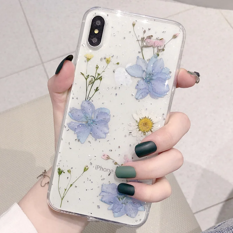 Style 2 Модный Блестящий НАСТОЯЩИЙ СУХОЙ прессованный цветочный чехол для телефона для iphone 11 pro XS MAX x XR 6 7 8 plus Прозрачная силиконовая задняя крышка для девочки - Цвет: Style 2