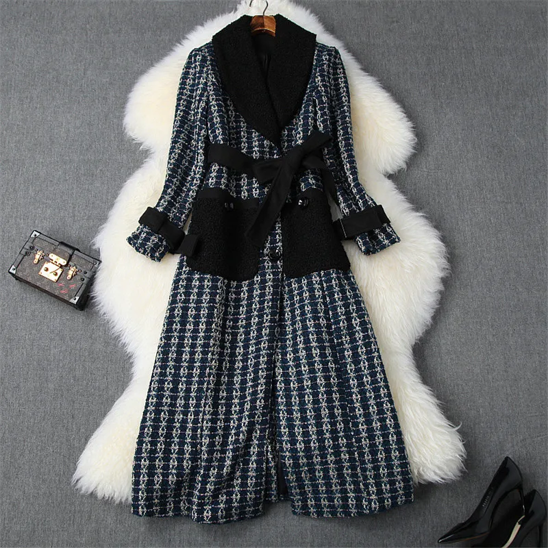 as pictures Runway Fashion Winter Tweed Woolen Jackets and Coats Women Elegant Lady Lace Up Vintage Long Wool Blend Overcoat Outerwear - Color: as pictures