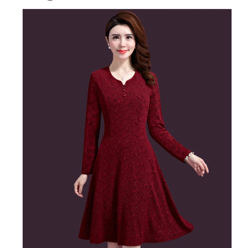 

Spring Autumn Women's Dress Solid Color New Long Sleeve V-neck Elegant Temperament Fashion Slim Female Simple Mid-length Dress