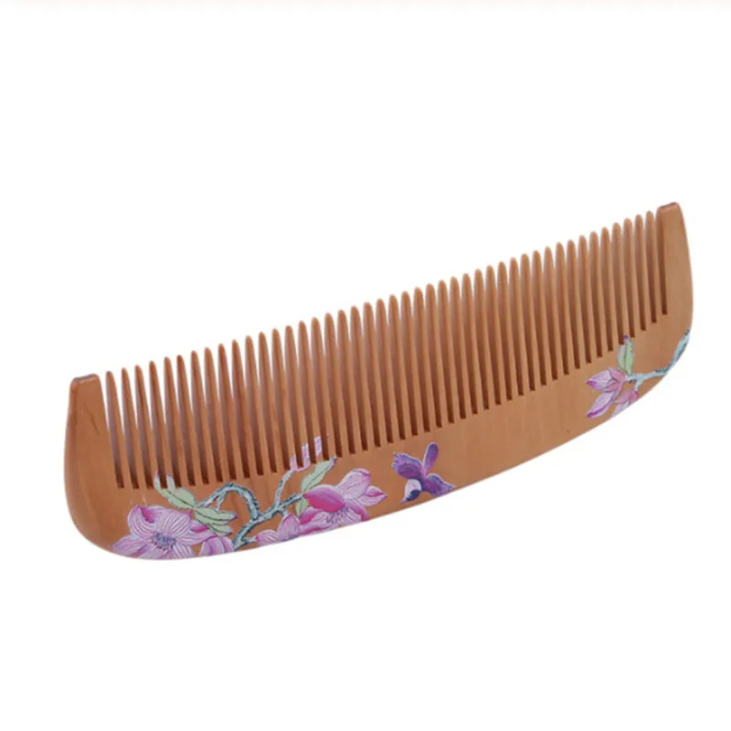 

1Pc Vintage Design Floral Print Peach Wood Hairbrush Comb For Salon Family Use Hairdressing Anti-static Massage Scalp Combs