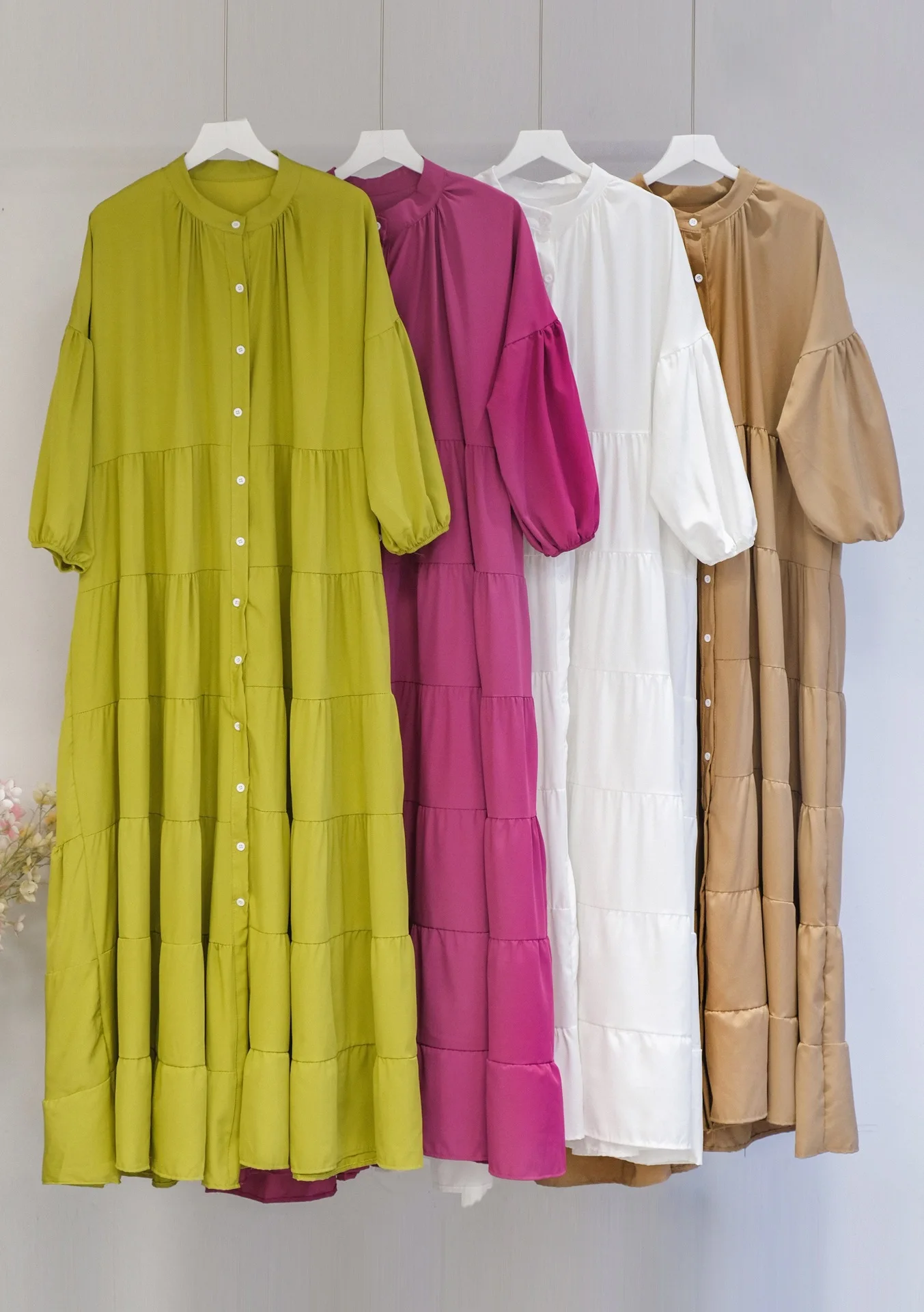 Solid Color Plain Muslim Long Dresses for Women Dubai Abaya Turkey Hijab Dress Long Sleeve Kaftan Vestido Ruffles Sundress